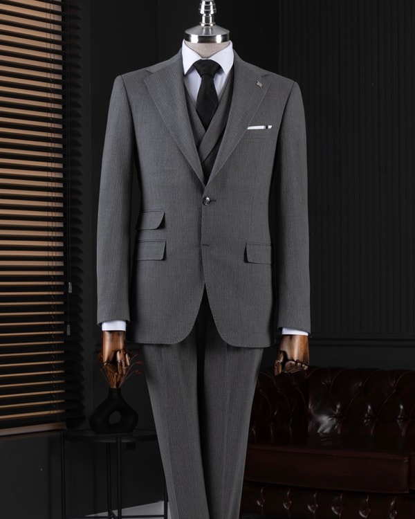 İtalyan stil slim fit mono yaka ceket pantolon takım elbise gri T14753