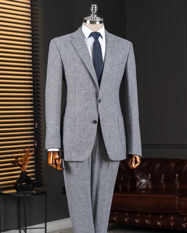 İtalyan stil slim fit mono yaka ceket pantolon takım elbise lacivert T14368