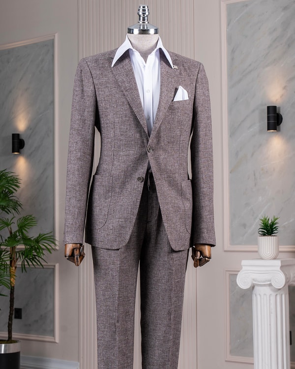 İtalyan stil slim fit mono yaka ceket pantolon takım elbise bej T14365