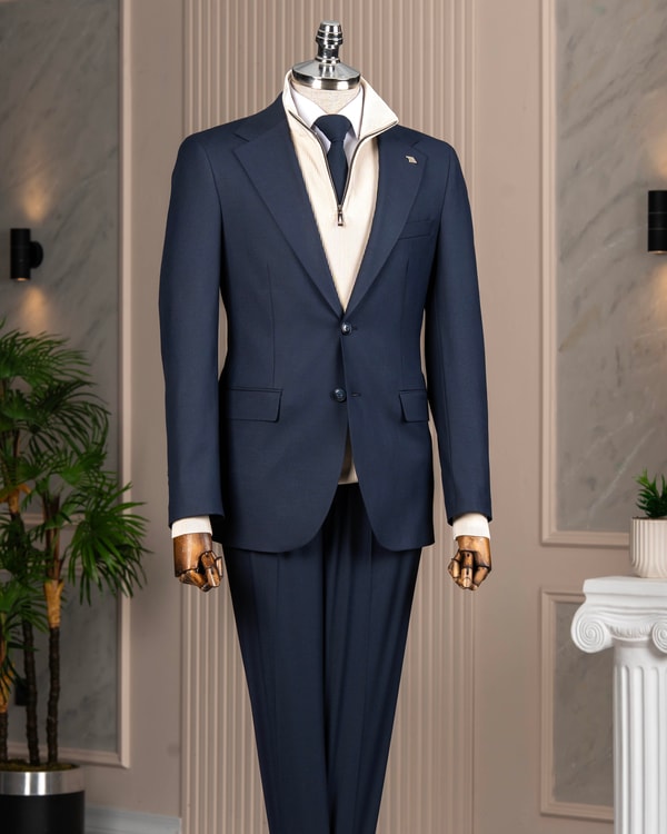 İtalyan stil slim fit mono yaka ceket pantolon takım elbise lacivert T14760