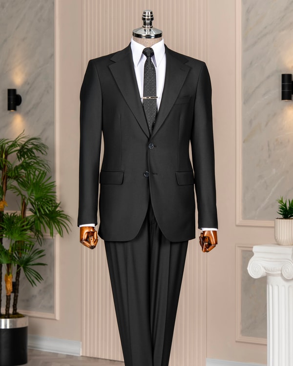 İtalyan stil slim fit mono yaka ceket pantolon takım elbise siyah T14759