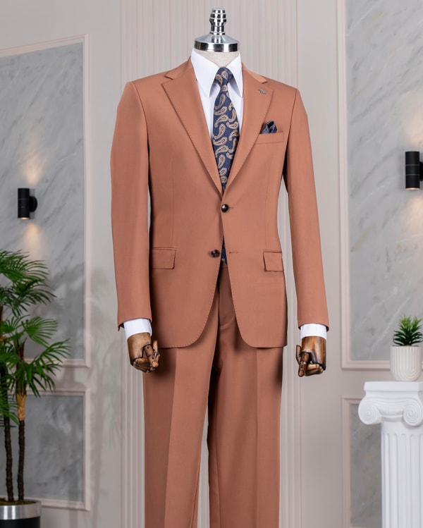 İtalyan stil slim fit mono yaka ceket pantolon takım elbise kahverengi T14236