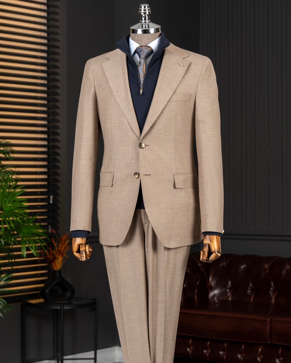 İtalyan stil slim fit mono yaka ceket pantolon takım elbise bej T14764