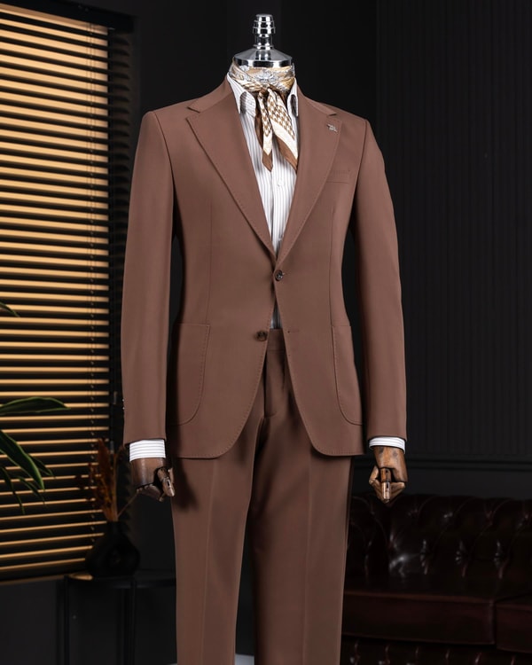 İtalyan stil slim fit mono yaka ceket pantolon takım elbise kahverengi T14012