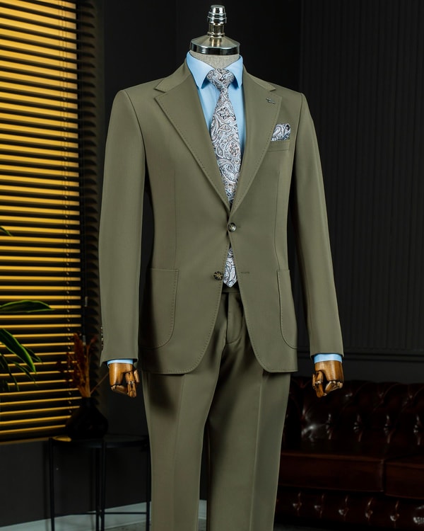 İtalyan stil slim fit mono yaka ceket pantolon takım elbise yeşil T14013