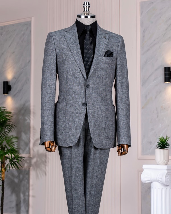 İtalyan stil slim fit mono yaka ceket pantolon takım elbise antrasitl T14367