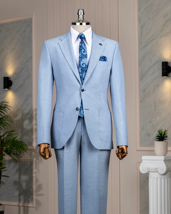 İtalyan stil slim fit mono yaka ceket pantolon takım elbise mavi T14473