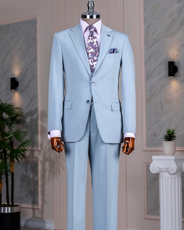 İtalyan stil slim fit mono yaka ceket pantolon takım elbise mavi T14238