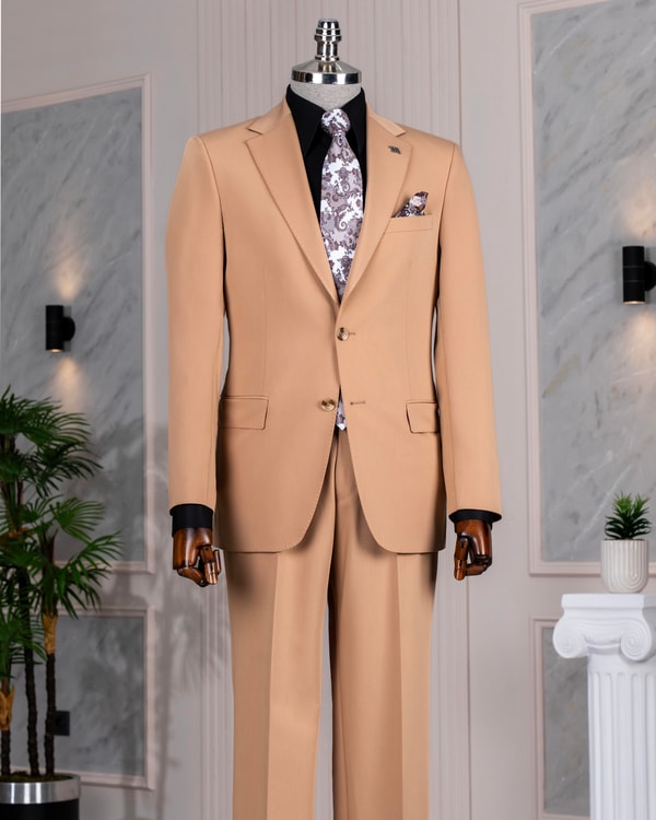 İtalyan stil slim fit mono yaka ceket pantolon takım elbise camel T14235