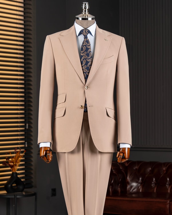 İtalyan stil slim fit mono yaka ceket pantolon takım elbise vizon T14746