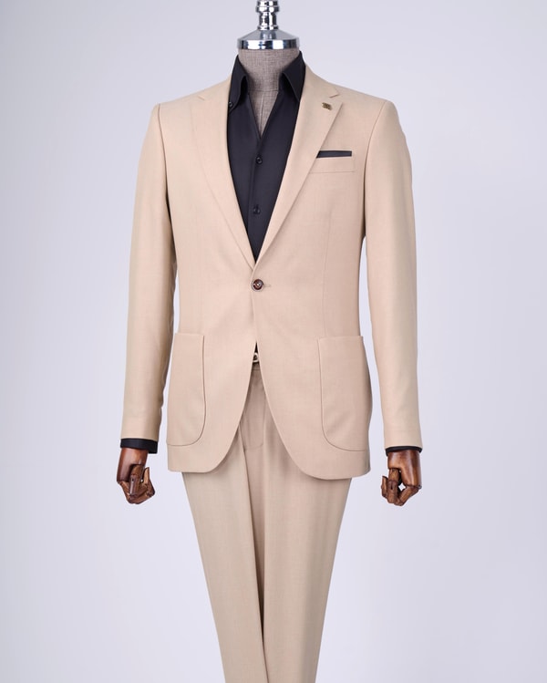 İtalyan stil slim fit mono yaka ceket pantolon takım elbise camel T11545