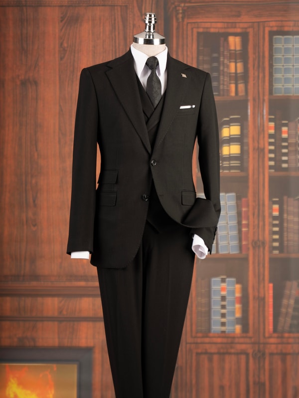 İtalyan stil slim fit mono yaka ceket yelek pantolon takım elbise siyah T14751