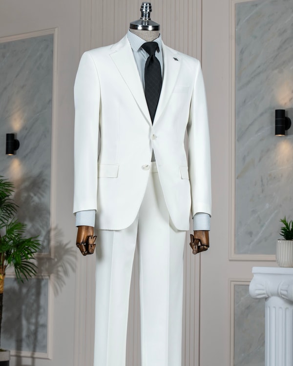 İtalyan stil slim fit mono yaka ceket pantolon takım elbise ekru T14240
