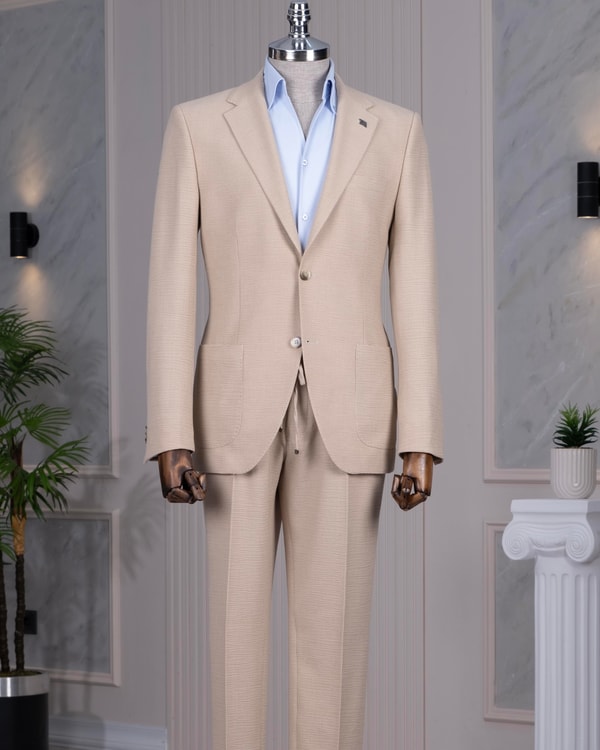 İtalyan stil slim fit mono yaka ceket pantolon takım elbise bej T14471