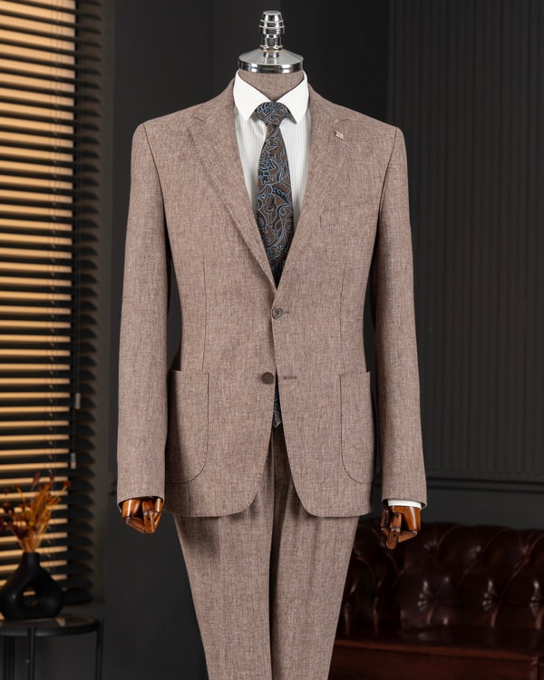 İtalyan stil slim fit mono yaka ceket pantolon takım elbise kahverengi T14366