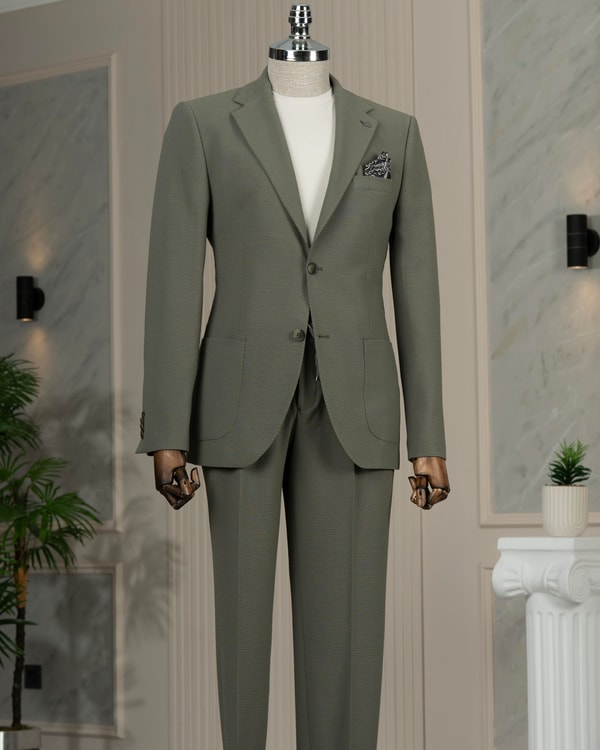 İtalyan stil slim fit mono yaka ceket pantolon takım elbise yeşil T14472