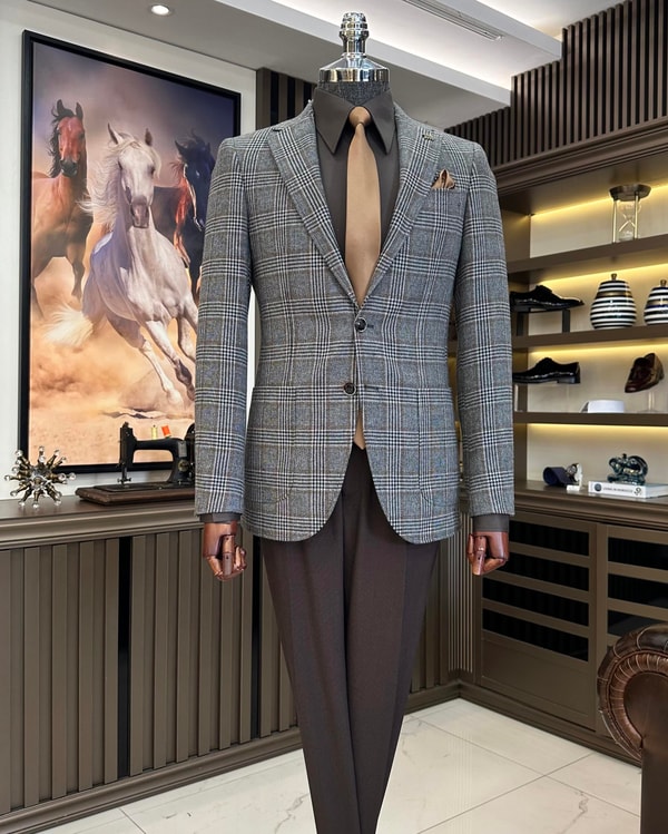 İtalyan stil slim fit mono yaka ekose erkek ceket siyah T10745