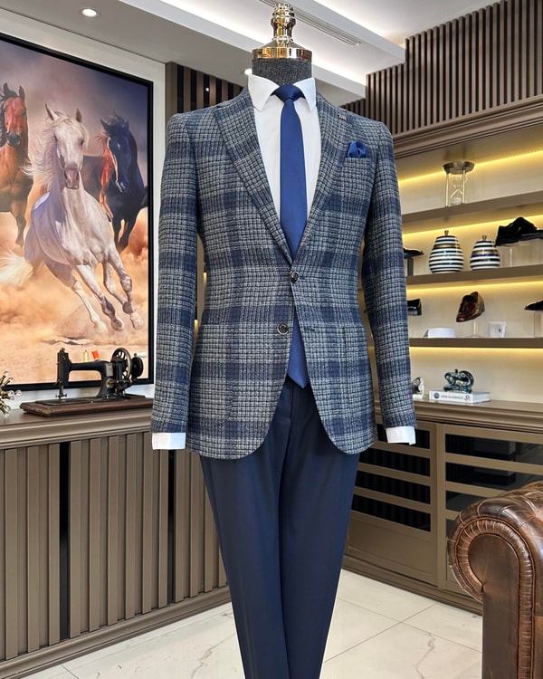 İtalyan stil slim fit mono yaka ekose erkek ceket lacivert T10746