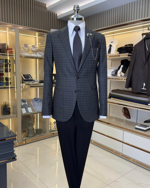 İtalyan stil slim fit mono yaka ekose erkek ceket antrasit T10752