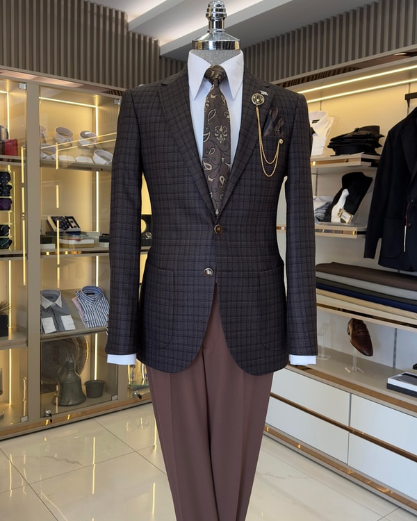 İtalyan stil slim fit mono yaka ekose erkek ceket kahverengi T10750