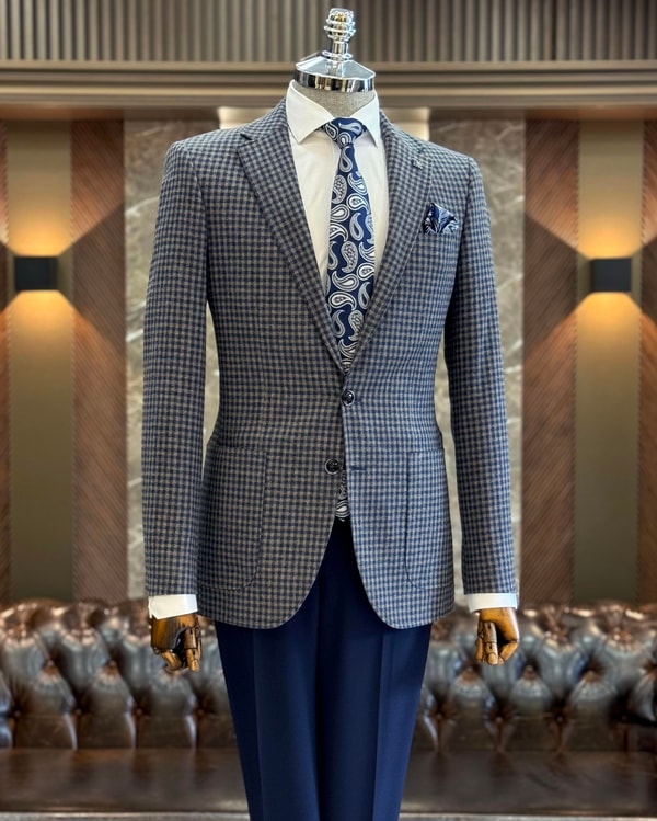 İtalyan stil slim fit mono yaka erkek ceket lacivert T10748