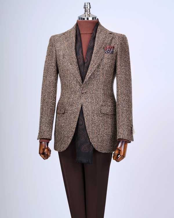 İtalyan stil slim fit mono yaka erkek tek ceket kahverengi T13594