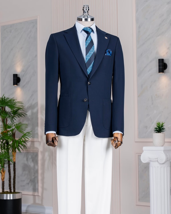 İtalyan stil slim fit mono yaka erkek tek ceket lacivert T14377