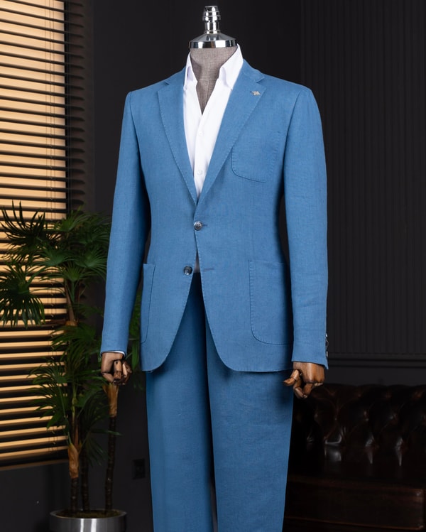 İtalyan stil slim fit mono yaka erkek ceket indigo T13789