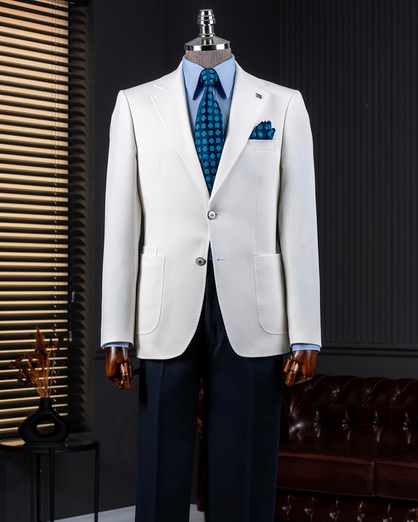 İtalyan stil slim fit mono yaka erkek tek ceket ekru T14373