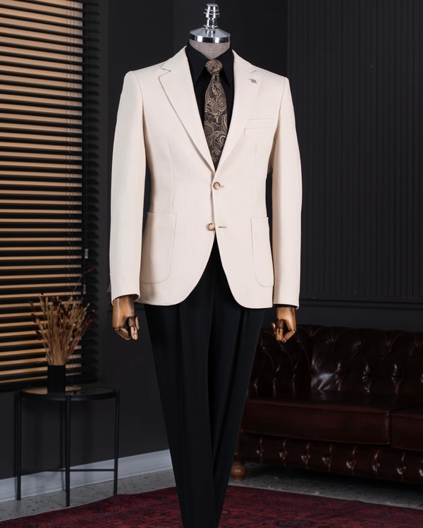 İtalyan stil slim fit mono yaka erkek tek ceket bej T14807