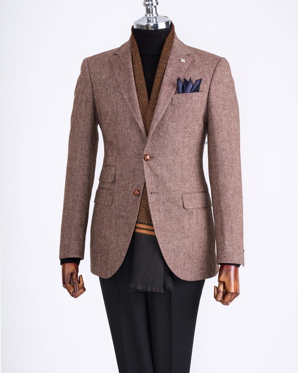 İtalyan stil slim fit mono yaka erkek tek ceket kahverengi T13347