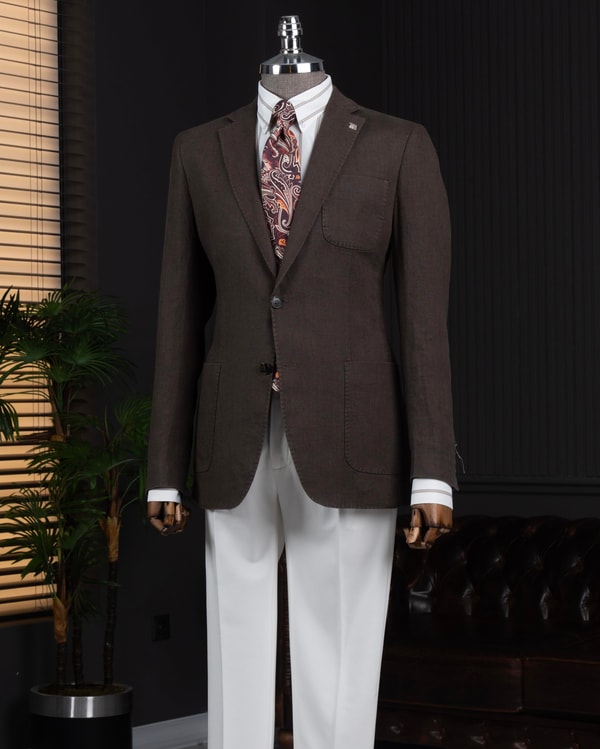 İtalyan stil slim fit mono yaka erkek ceket kahverengi T13787