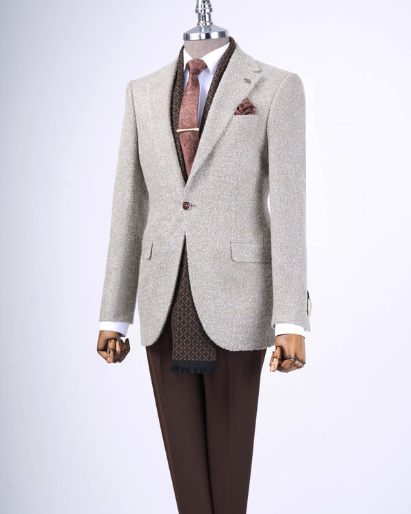 İtalyan stil slim fit mono yaka erkek tek ceket bej T13541