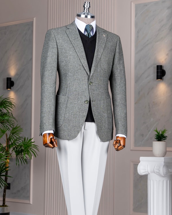 İtalyan stil slim fit mono yaka erkek tek ceket haki T14811
