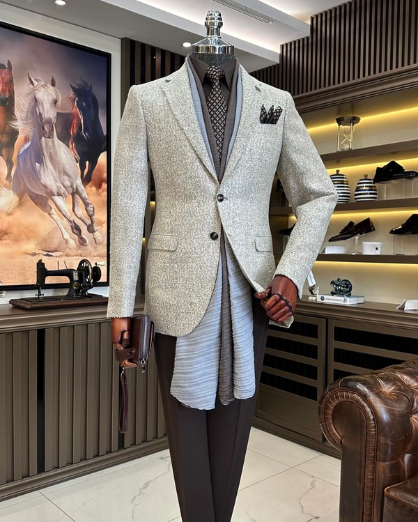 İtalyan stil slim fit mono yaka erkek ceket vizon T10886