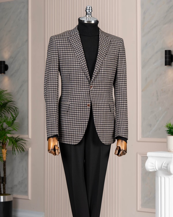 İtalyan stil slim fit mono yaka kazayağı desen erkek ceket kahverengi T15050