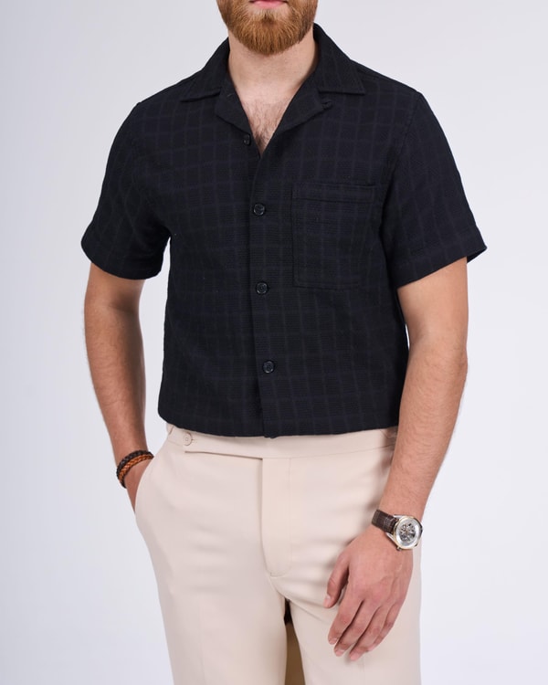 italyan stil slim fit örme dokulu kısa kollu erkek gömlek siyah T13627