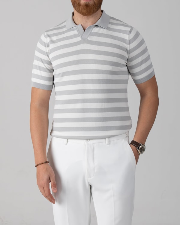 İtalyan stil slim fit polo yaka çizgili triko tişört gri T14050