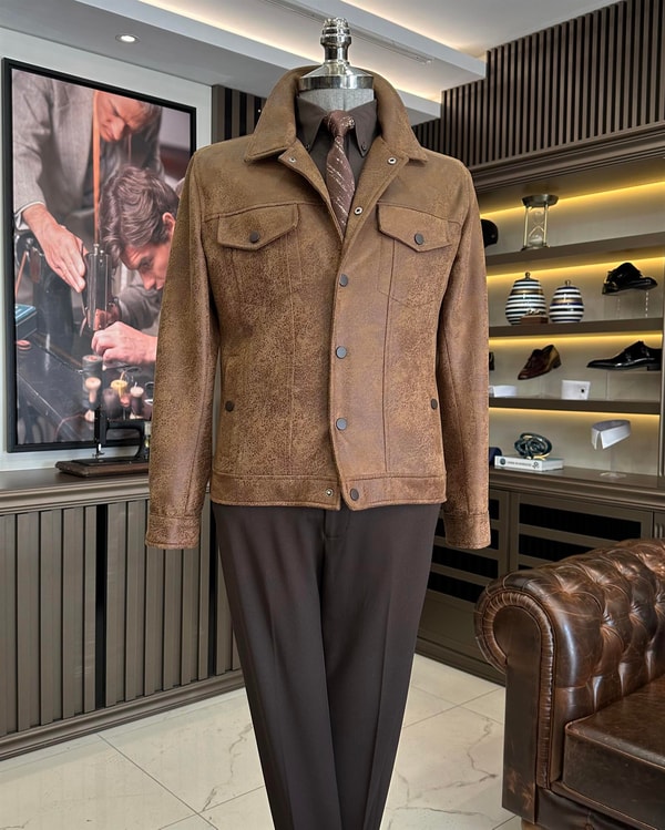 İtalyan stil slim fit polo yaka erkek mont taba T10040