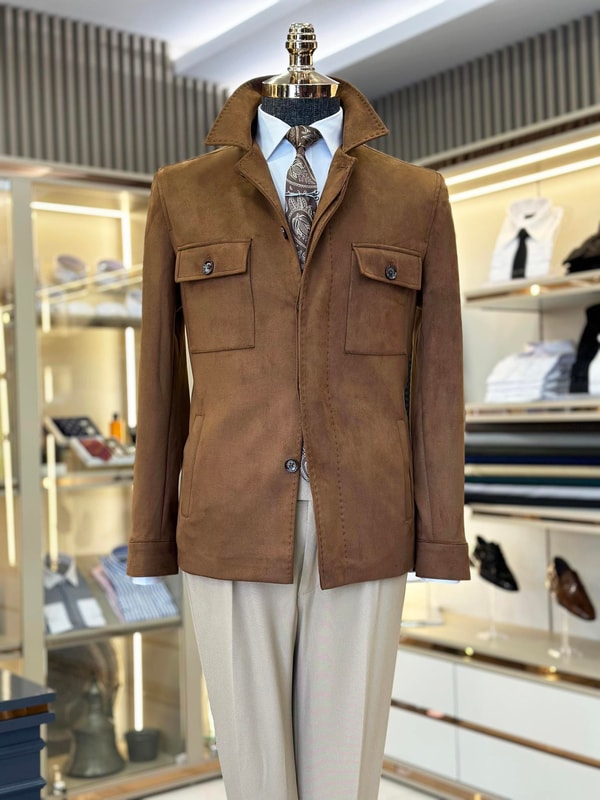 İtalyan stil slim fit  polo yaka süet erkek mont taba T10814