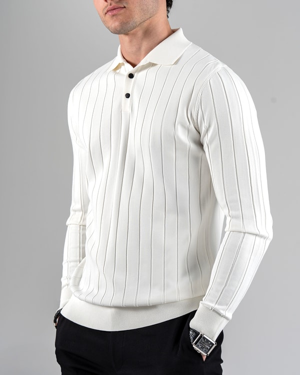 İtalyan stil slim fit polo yaka triko kazak beyaz T14489