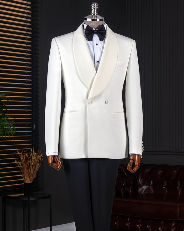 İtalyan stil slim fit şal yaka ceket pantolon damatlık set beyaz T13698