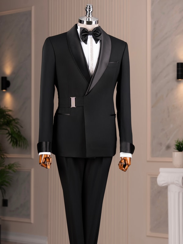 İtalyan stil slim fit şal yaka ceket pantolon damatlık set siyah T14914