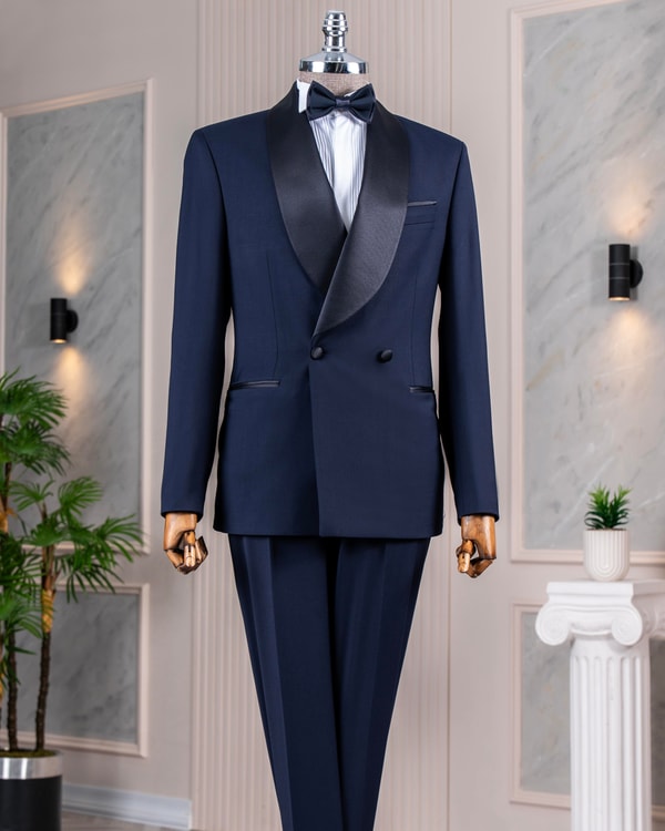 İtalyan stil slim fit şal yaka ceket pantolon damatlık set lacivert T14286