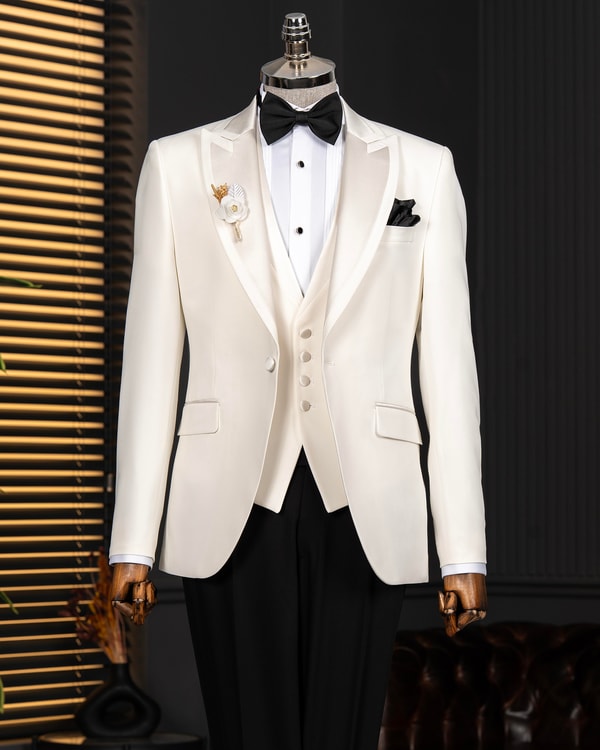 İtalyan stil slim fit şal yaka ceket yelek pantolon damatlık set ekru T14333