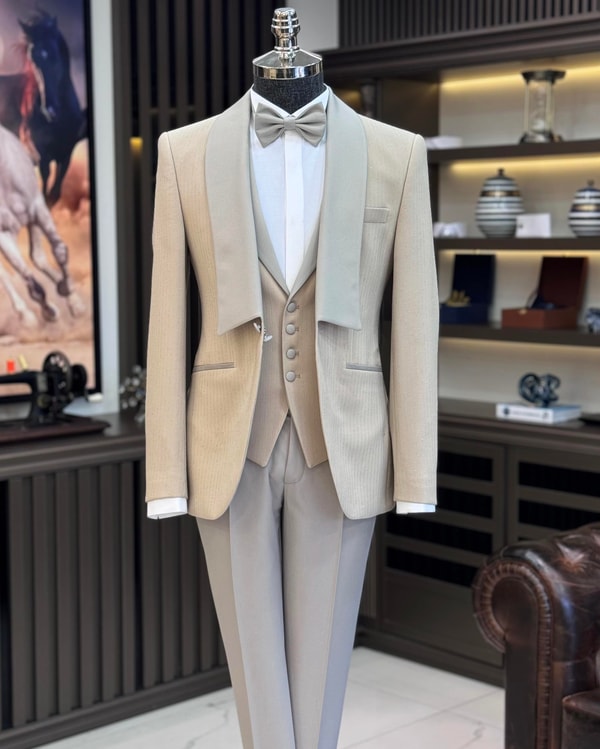 İtalyan stil slim fit şal yaka ceket yelek pantolon damatlık set bej T11616