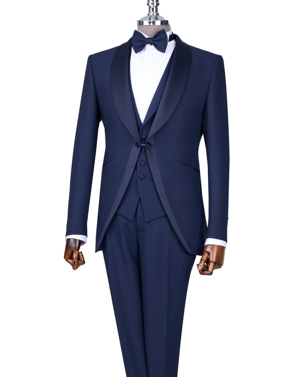 İtalyan stil slim fit şal yaka ceket yelek pantolon damatlık set lacivert T13696