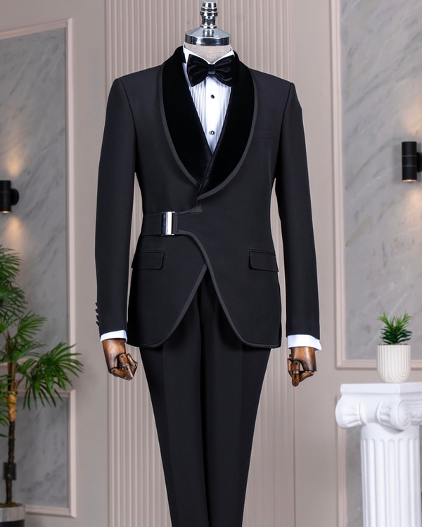 İtalyan stil slim fit şal yaka ceket yelek pantolon damatlık set siyah T14892