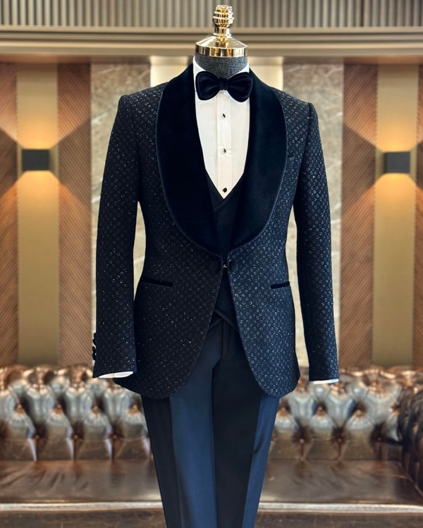 İtalyan stil slim fit şal yaka ceket yelek pantolon damatlık set siyah T12569