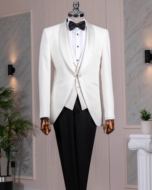 İtalyan stil slim fit şal yaka ceket yelek pantolon damatlık set beyaz T13695